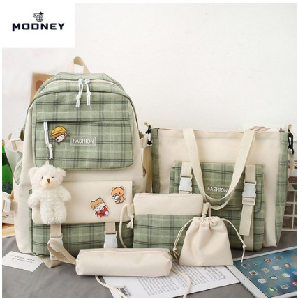 Modney 학생 가방 대용량 책가방 패션 팩백 5종 세트+곰키링