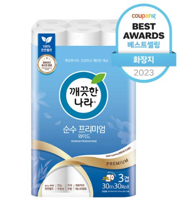 깨끗한나라 3겹 데코 순수 프리미엄 와이드 천연펄프 롤화장지 30m, 30개입, 1개